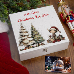 Personalised White Christmas Eve Gift Box With Adorable Elf Special Christmas Keepsake Memory Storage