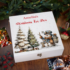 Personalised White Christmas Eve Gift Box With Snowman Design Special Christmas Keepsake Memory Storage