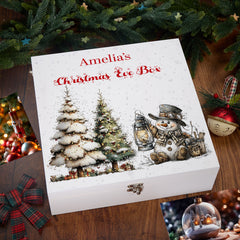 Personalised White Christmas Eve Gift Box With Snowman Design Special Christmas Keepsake Memory Storage