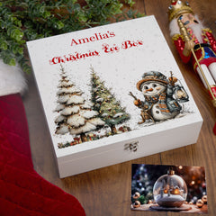 Personalised White Christmas Eve Gift Box With Snowman Design Special Christmas Keepsake Memory Storage