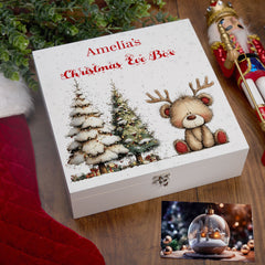 Personalised White Christmas Eve Gift Box With Teddy Bear Design Special Christmas Keepsake Memory Storage