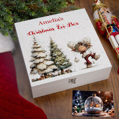 Personalised White Christmas Eve Gift Box With Adorable Elf Special Christmas Keepsake Memory Storage
