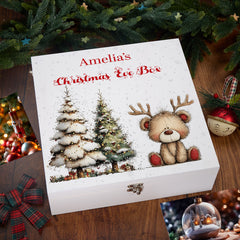 Personalised White Christmas Eve Gift Box With Teddy Bear Design Special Christmas Keepsake Memory Storage