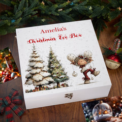 Personalised White Christmas Eve Gift Box With Adorable Elf Special Christmas Keepsake Memory Storage