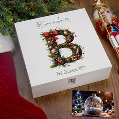 Personalised Luxury Wooden Christmas Family Baby Keepsake Memory Box With Decorations