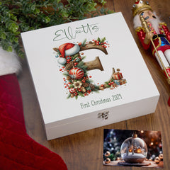 Personalised Luxury Wooden Christmas Family Baby Keepsake Memory Box With Decorations