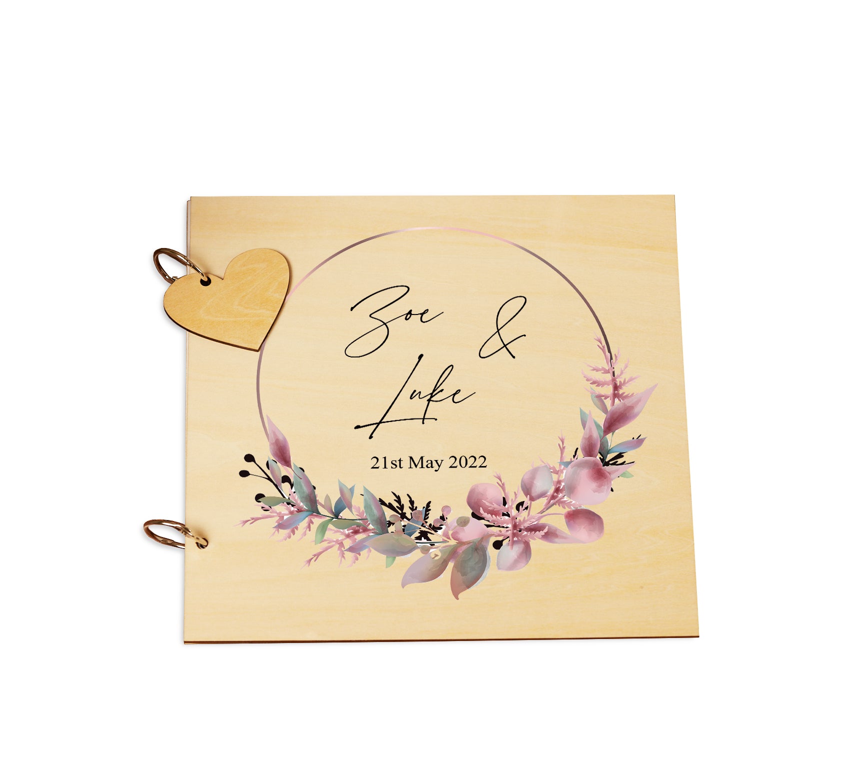 Personalised Wooden Wedding Guest Book With Floral Colour Wreath