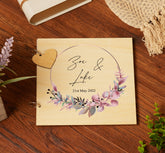 Personalised Wooden Wedding Guest Book With Floral Colour Wreath