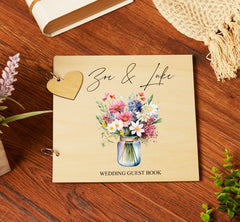 Personalised Wooden Wedding Guest Book With wildflower Vase