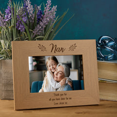 Personalised Wooden Nan Photo Frames Engraved Any Message Multiple Sizes With Leaves