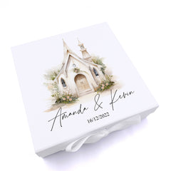 Personalised Wedding Box With Chapel Design and Ribbon Closure