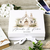 Personalised Wedding Box With Chapel Design and Ribbon Closure