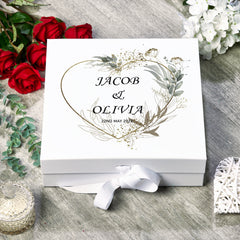 Personalised Wedding Box With Silver Green Leaf Heart and Ribbon