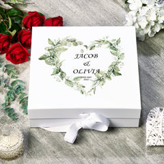 Personalised Wedding Box With Floral Green Leaf Heart and Ribbon
