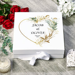 Personalised Wedding Box With Gold Green Leaf Heart and Ribbon