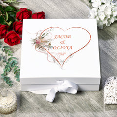 Personalised Wedding Box With Rose Gold Floral Heart and Ribbon