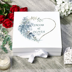 Personalised Wedding Box With Blue Tropical Heart and Ribbon Closure