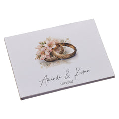 Large Personalised Wedding Guest Book Linen Cover With Gold Rings Design