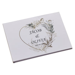 Large Personalised Wedding Guest Book Keepsakes, Signature Scrapbook, Photo Album Wedding Couple Green Silver Gold Heart
