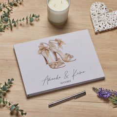 Large Personalised Wedding Guest Book Linen Cover With Bridal Shoes