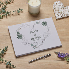 Large Personalised Wedding Guest Book Keepsakes, Signature Scrapbook, Photo Album Wedding Couple Green Clover Heart