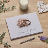 Large Personalised Wedding Guest Book Linen Cover With Gold Rings Design