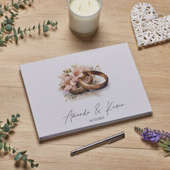 Large Personalised Wedding Guest Book Linen Cover With Gold Rings Design