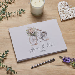 Large Personalised Wedding Guest Book Linen Cover With Floral Bike Design