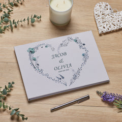 Large Personalised Wedding Guest Book Keepsakes, Signature Scrapbook, Photo Album Wedding Couple Dusty Blue Heart