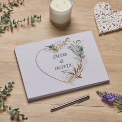 Large Personalised Wedding Guest Book Keepsakes, Signature Scrapbook, Photo Album Wedding Couple Green Gold Heart