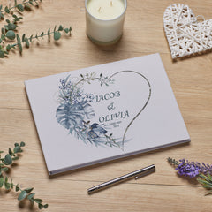 Large Personalised Wedding Guest Book Keepsakes, Signature Scrapbook, Photo Album Wedding Couple Blue Tropical Heart