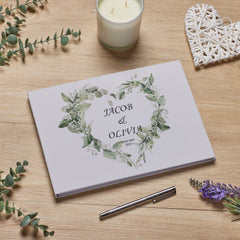 Large Personalised Wedding Guest Book Keepsakes, Signature Scrapbook, Photo Album Wedding Couple Woodland Wreath Heart