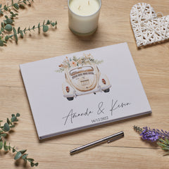 Large Personalised Wedding Guest Book Linen Cover With Floral Car
