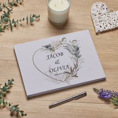 Large Personalised Wedding Guest Book Keepsakes, Signature Scrapbook, Photo Album Wedding Couple Green Silver Gold Heart