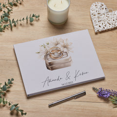 Large Personalised Wedding Guest Book Linen Cover With Floral Ring Design