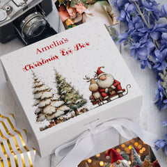 Personalised White Christmas Eve Gift Box With Santa & Reindeer Special Christmas Keepsake Memory Storage