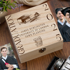 Personalised Graduation Gift Keepsake Box With Hat and Books Design