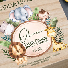 Personalised Wooden Baby Keepsakes Memory Box Gift With Safari Theme