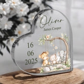 Personalised Newborn Gift Baby Heart-Shaped Acrylic Plaque Custom Keepsake with Animals