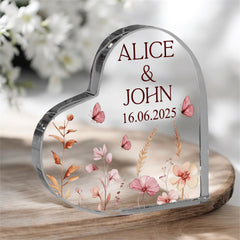 Personalised Wedding Heart Plaque Gift, Anniversary Keepsake, Engagement Plaque With Earthly Flowers
