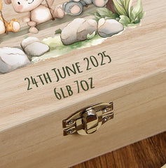 Personalised Wooden Baby Keepsakes Memory Box Gift With Animals On Swing