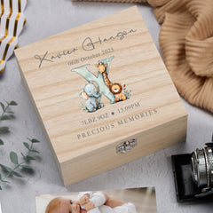 Personalised Wooden Baby Memory Keepsake Box With Animal Alphabet