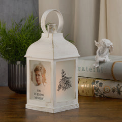 Personalised Memorial Photo Upload Lantern, Memorial Candle, Son Remembrance With Rose