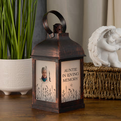 Personalised Memorial Photo Upload Lantern, Memorial Candle, Auntie Remembrance With Wildflowers