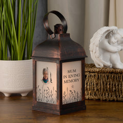 Personalised Memorial Photo Upload Lantern, Memorial Candle, Mum Remembrance With Wildflowers
