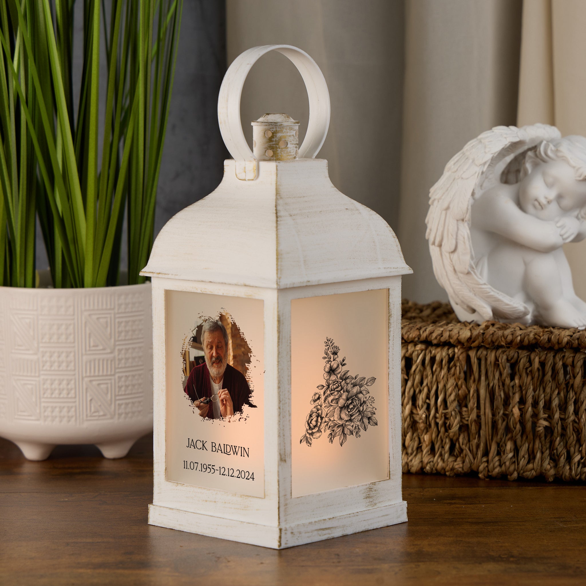 Personalised Memorial Photo Upload Lantern, Memorial Candle, Brother Remembrance With Rose memorial lantern ukgiftstoreonline White
