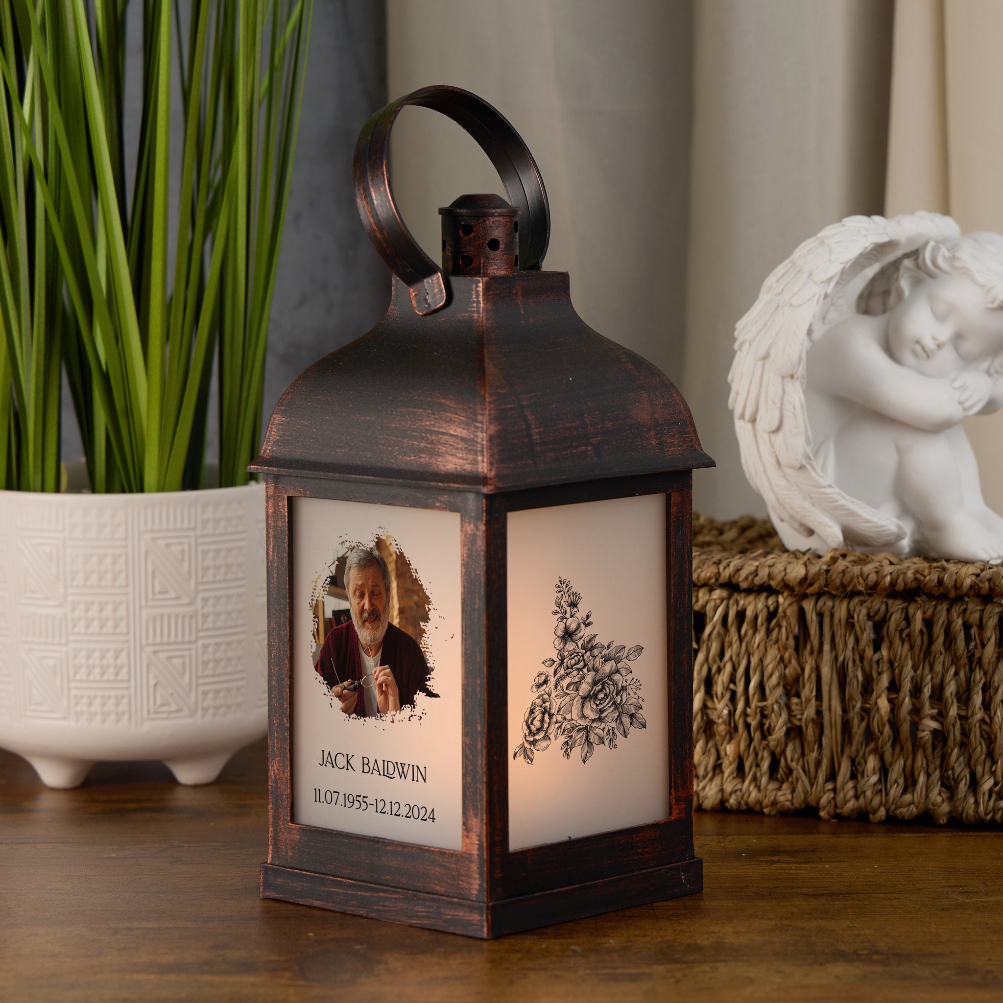 Personalised Memorial Photo Upload Lantern, Memorial Candle, Brother Remembrance With Rose memorial lantern ukgiftstoreonline