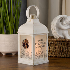 Personalised Memorial Photo Upload Lantern, Memorial Candle, Dad Remembrance With Wildflowers