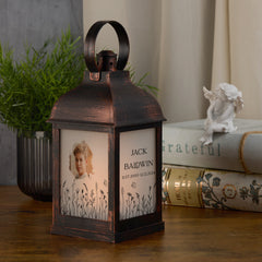 Personalised Memorial Photo Upload Lantern, Memorial Candle, Son Remembrance With Wildflowers