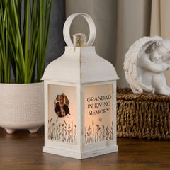 Personalised Memorial Photo Upload Lantern, Memorial Candle, Grandad Remembrance With Wildflowers